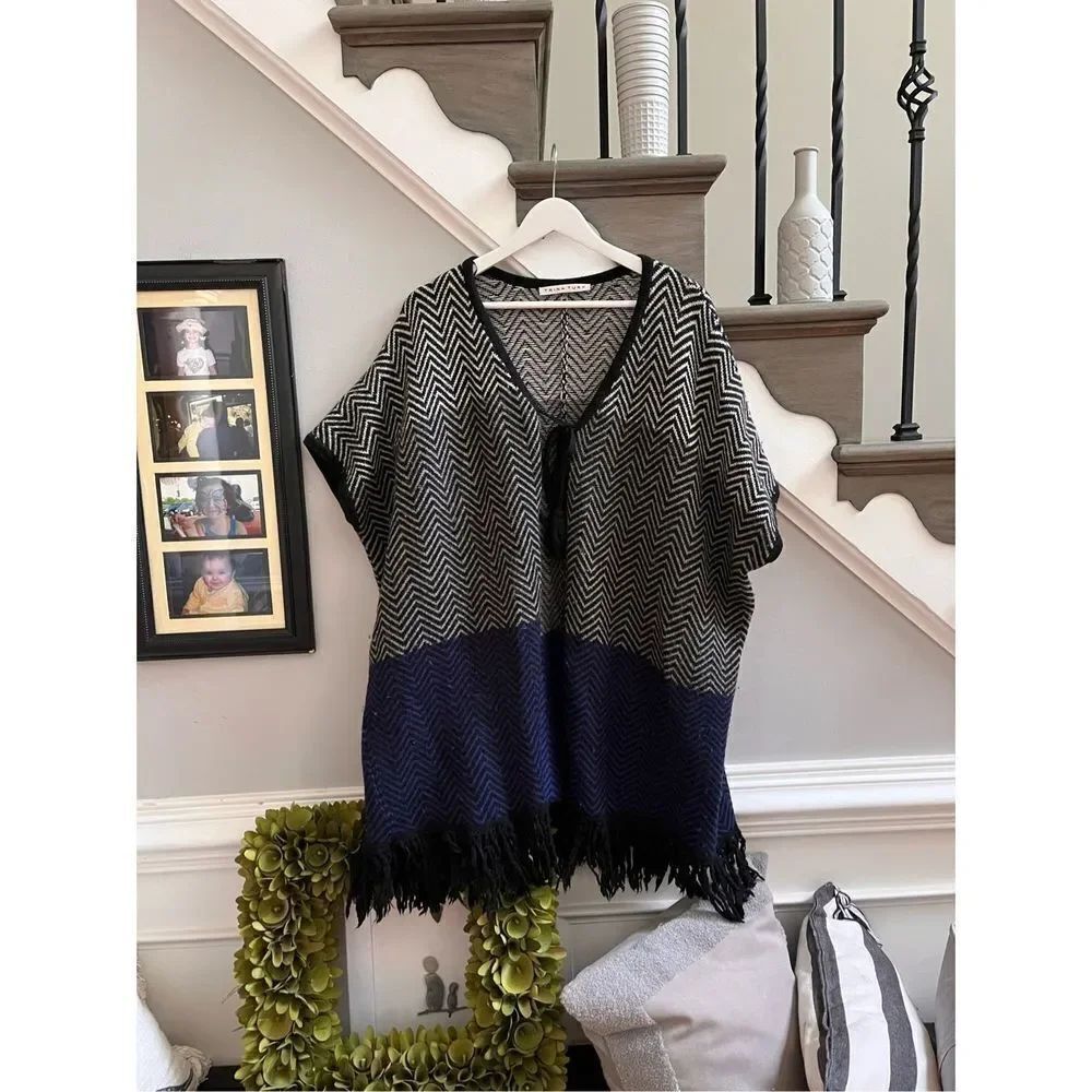 Trina Turk Black & Blue Wool Tassel Tie Cardigan Sweater sz XS/S